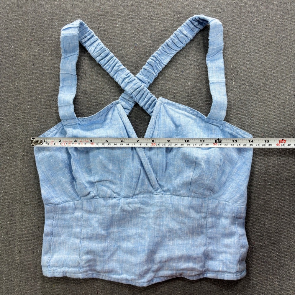 Anthropologie Light Blue Linen Blend Criss Cross Back Crop Top Smocked Back - Picture 6 of 7